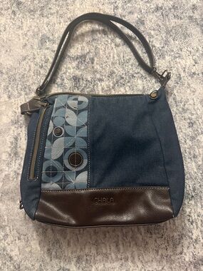 Chala Denim Shoulder Bag with Brown Trim and Geo Patch